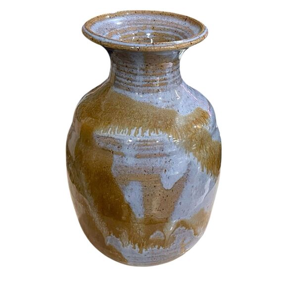 Vtg 1981 Hand-Thrown Studio Pottery Blue & Brown Drip Glaze Stoneware Vase 7.5" - Picture 4 of 14